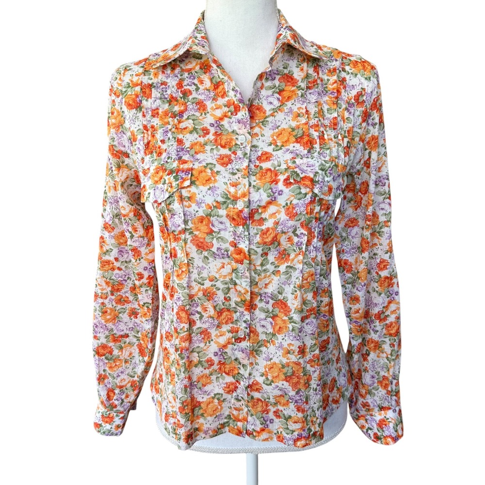 Sundance Womens Floral Cotton Button Down Shirt Orange Purple Pintuck Small